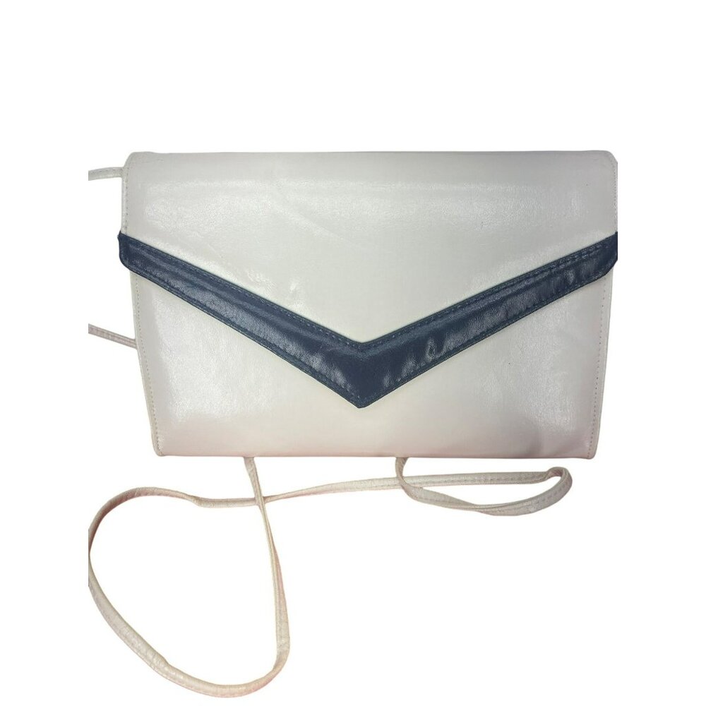 White‎ Leather Clutch With Long Shoulder Strap - Navy Trim